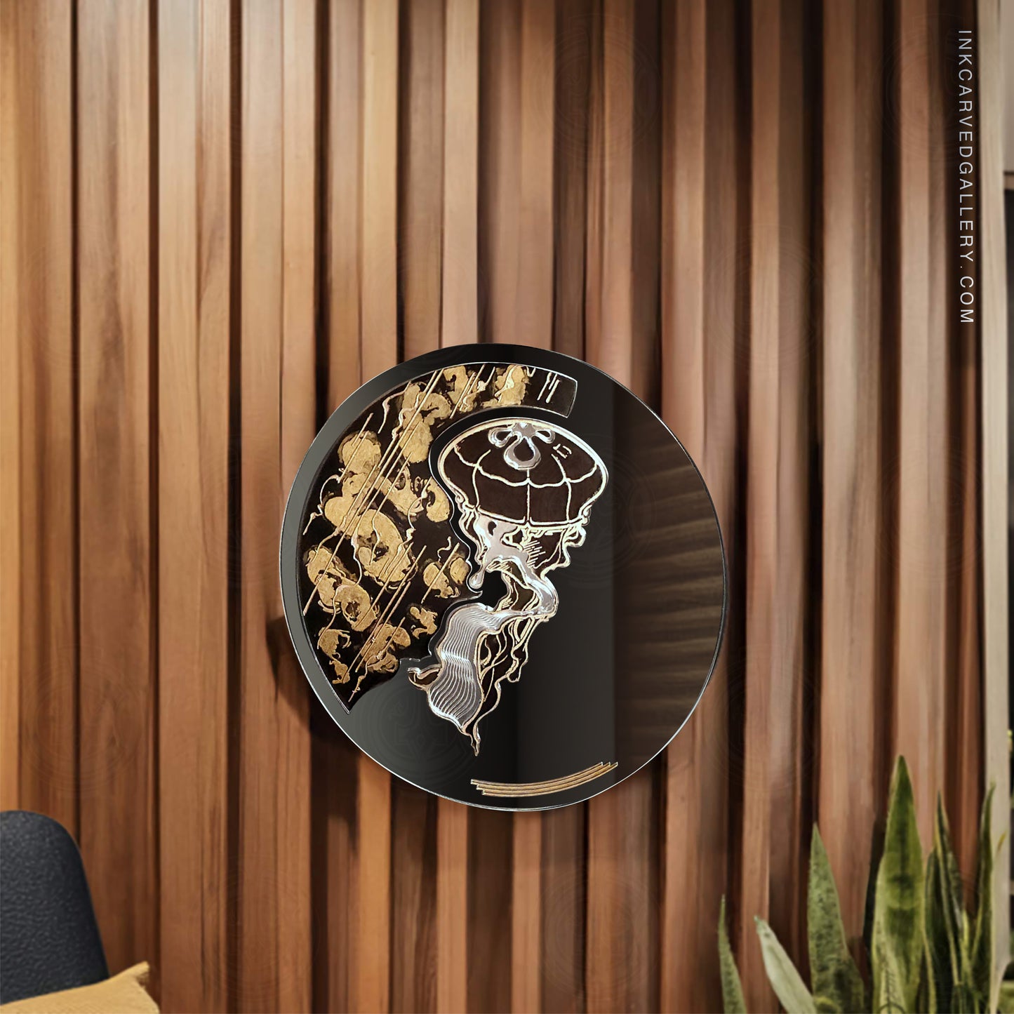 jellyfish mirror on a modern room with wooden panels