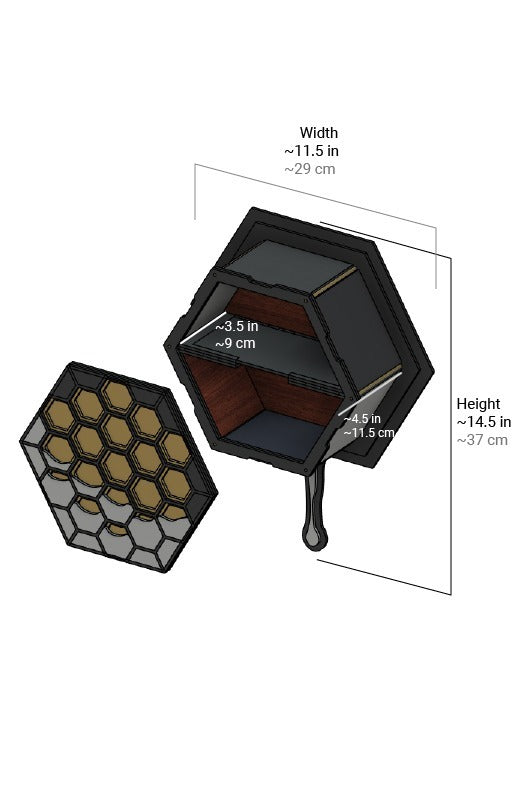 Illustrated image of the dimension InkCarved's honeycomb single shelf unit